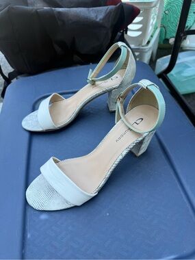 CL by Laundry White and Light Blue Ankle Strap Block Heels